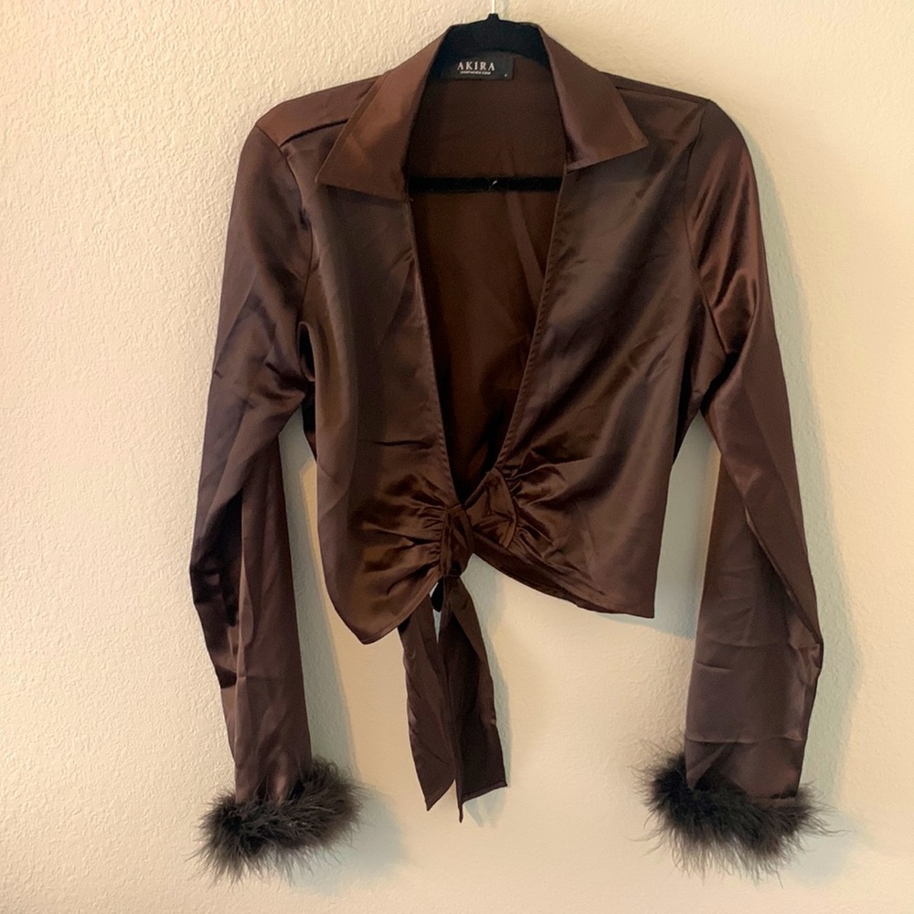 Brown wrap top with fuzzy sleeve ends